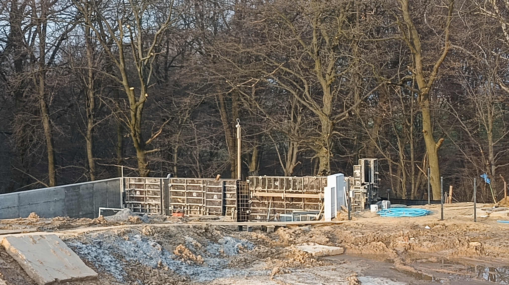 Szare szalunki fundamentowe w trakcie budowy, widoczne zbrojenia, w tle drzewa bez liści, ziemia wokół rozkopana.