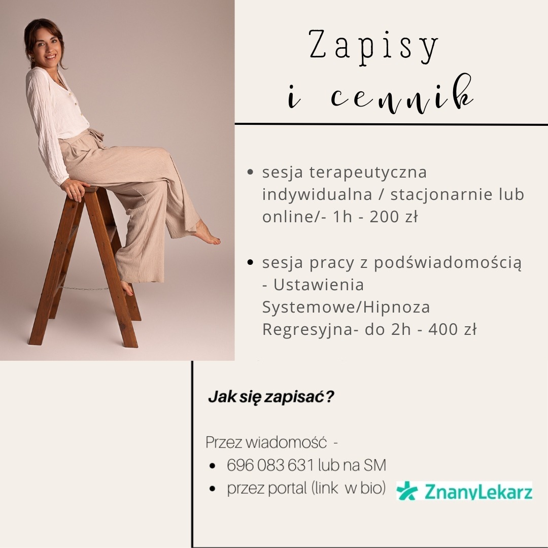 Kobieta siedząca na drewnianej drabinie, obok informacje o zapisach na sesje terapeutyczne, w tym sesje pracy z podświadomością i hipnozę, oraz dane kontaktowe.