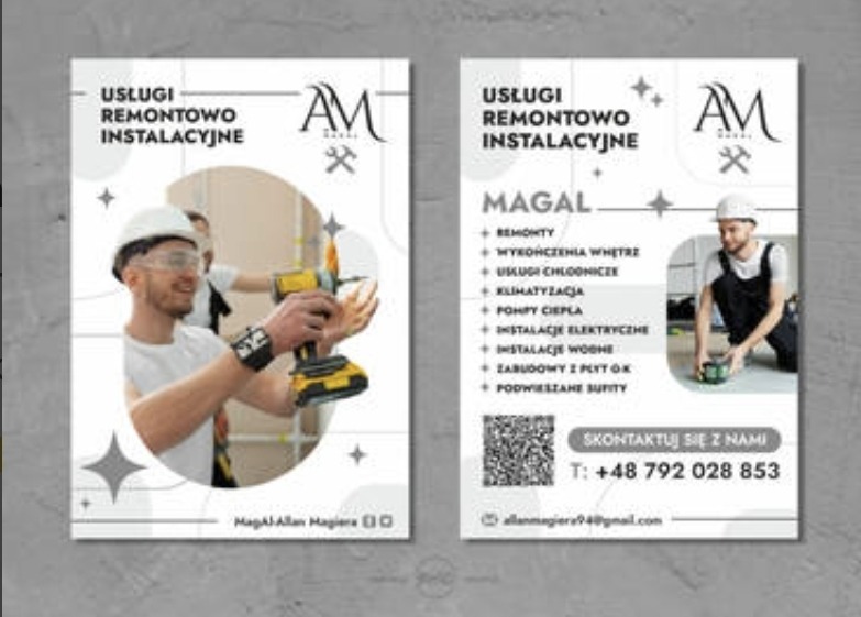 Grafika reklamowa firmy remontowo-instalacyjnej MAGAL z uśmiechniętym pracownikiem w kasku i okularach ochronnych trzymającym wiertarkę, obok lista oferowanych usług oraz dane kontaktowe.