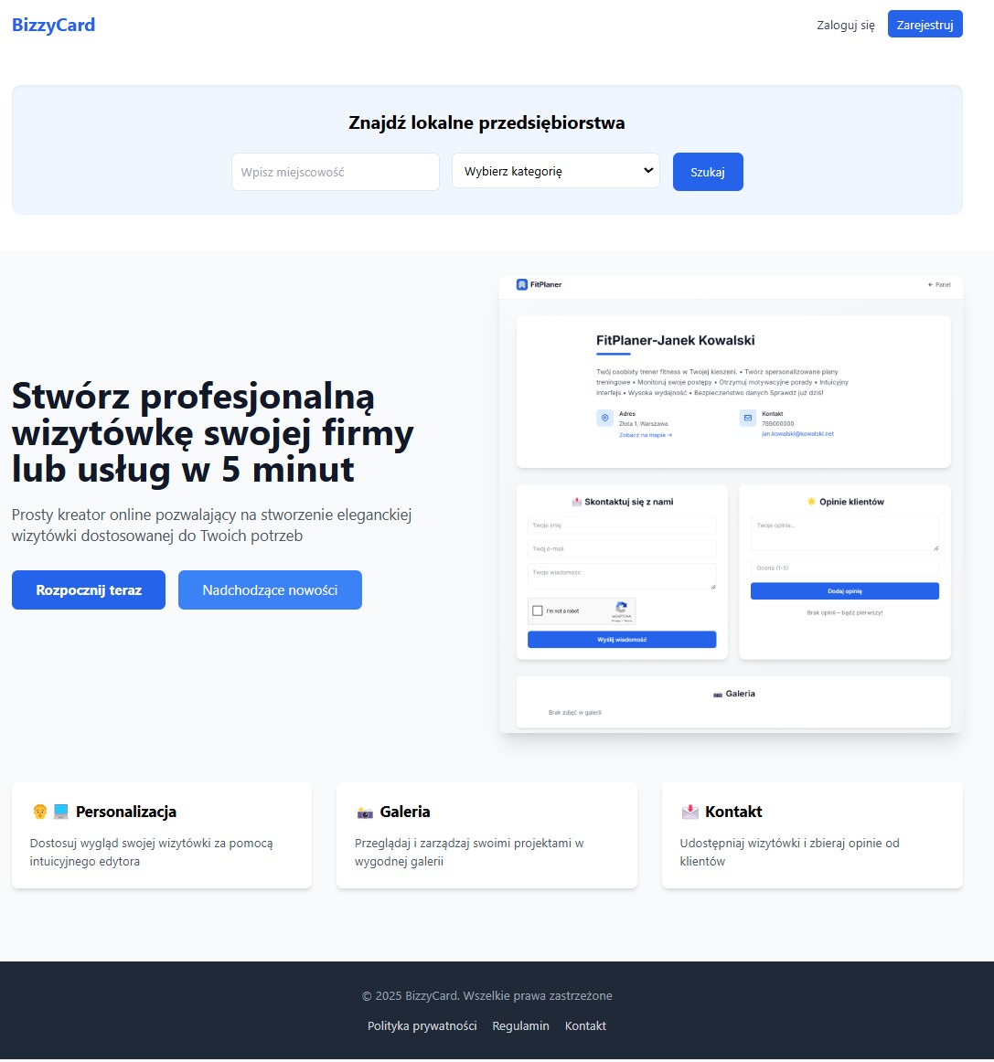 Interfejs kreatora online do tworzenia wizytówek firmowych z polami do wprowadzania danych kontaktowych, opinii klientów i personalizacji wizytówki.