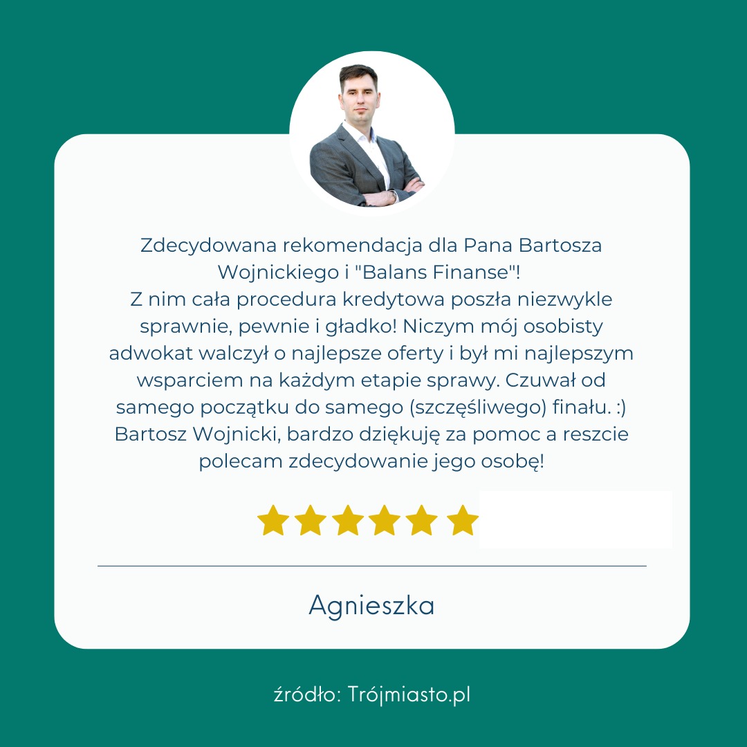 Pozytywna rekomendacja z pięcioma gwiazdkami dla doradcy finansowego Bartosza Wojnickiego z 'Balans Finanse', za sprawne przeprowadzenie procedury kredytowej, wraz z portretem doradcy w okrągłej...