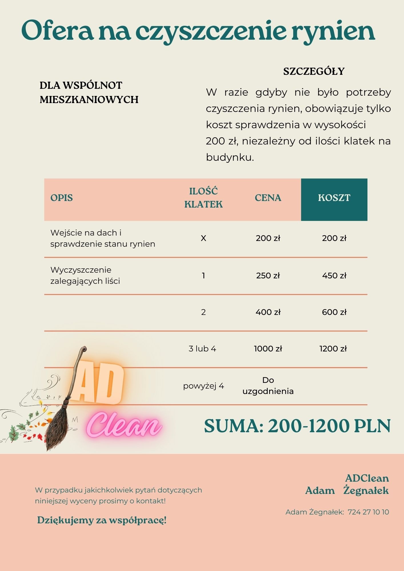 Oferta cenowa na czyszczenie rynien dla wspólnot mieszkaniowych, z wyszczególnionymi kosztami w zależności od ilości klatek w budynku, ilustrowana grafiką miotły z logiem firmy AD Clean.