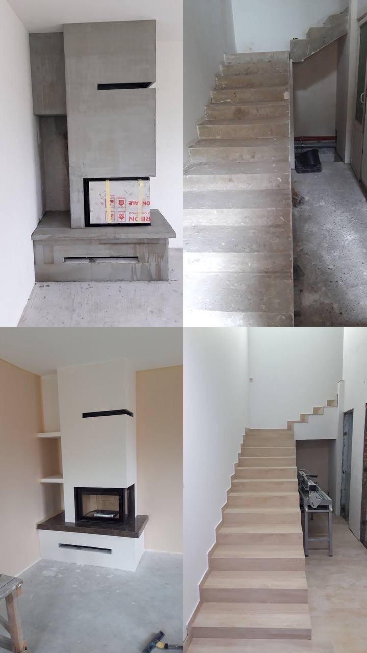 Remont klatki schodowej i kominka: stan surowy i wykończony. Schody drewniane, kominek obudowany, widoczne etapy prac wykończeniowych.