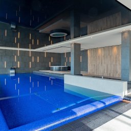 Martyna Mierzicka - MARLENS Fotografia - Nowoczesny basen kryty z mozaiką, oświetleniem LED i jacuzzi w tle. Minimalistyczny design z elementami kamienia i drewna, duże przeszklenia wpuszczające naturalne światło.