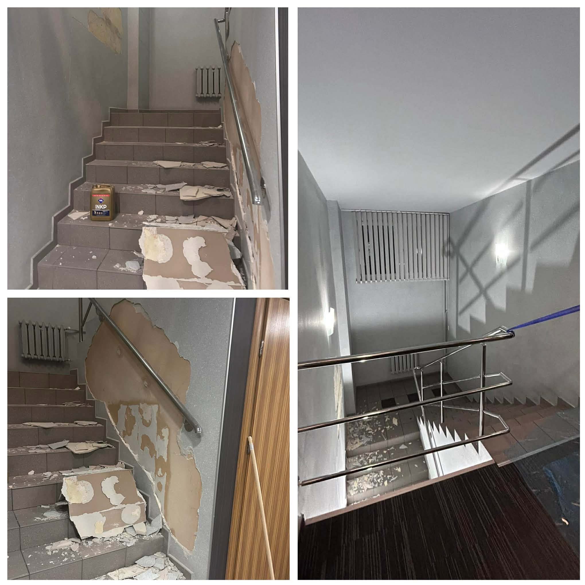 Klatka schodowa w trakcie remontu: uszkodzone ściany z odpadającym tynkiem, widoczne schody z resztkami gruzu i puszka farby. Przygotowanie do malowania.