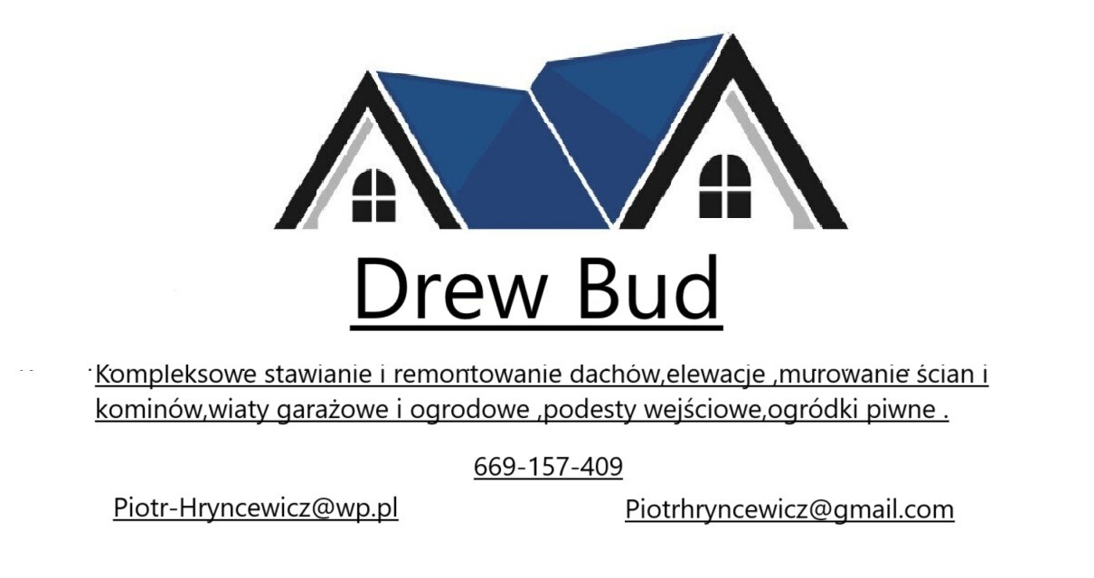 Logo firmy budowlanej Drew Bud z graficzną reprezentacją dachu w kolorze niebieskim, oferującej kompleksowe usługi budowlane, w tym stawianie i remontowanie dachów, elewacje, murowanie ścian...