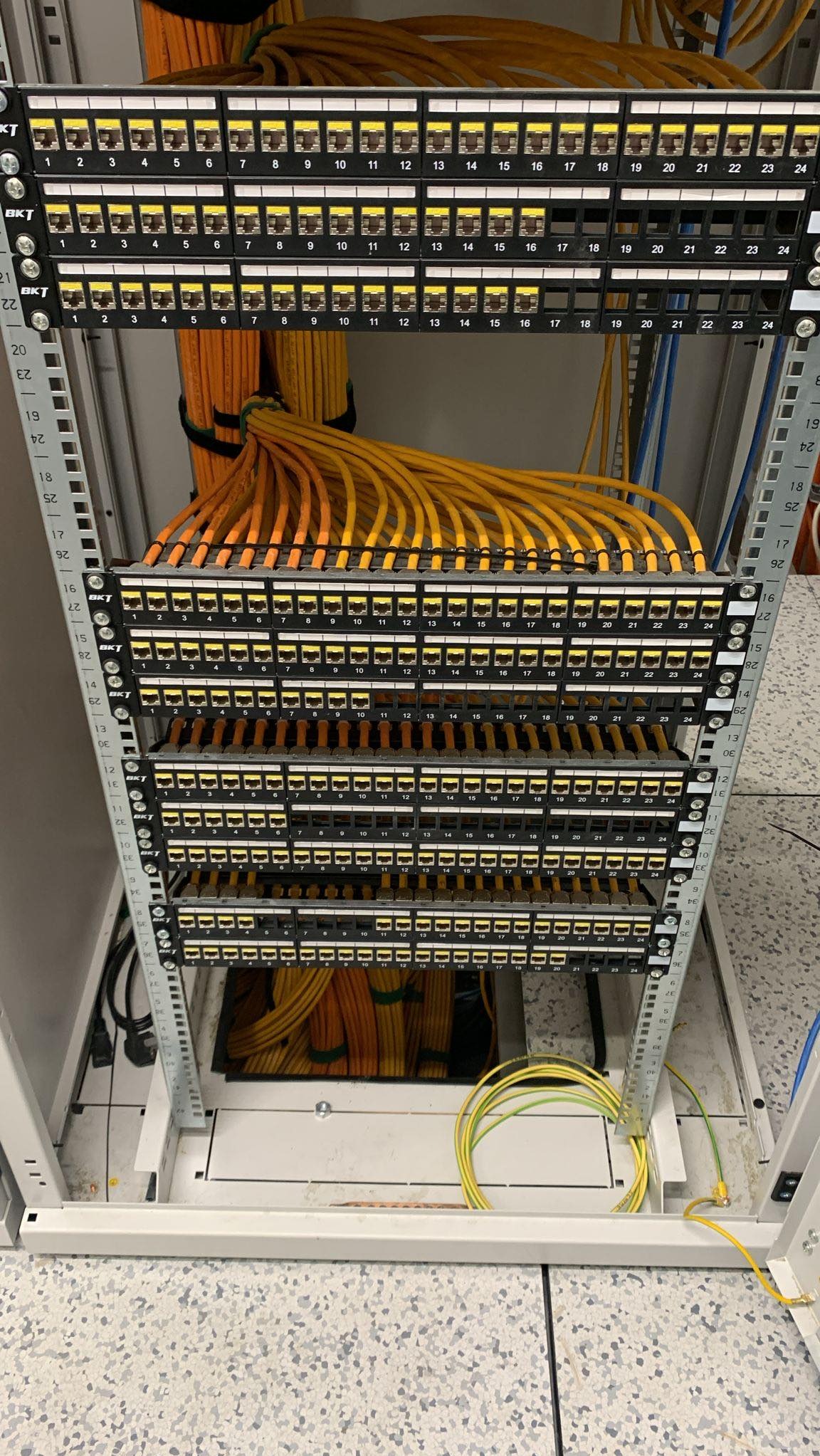 Panel krosowniczy z podłączonymi kablami sieciowymi, uporządkowane okablowanie w szafie serwerowej, widoczne porty RJ45 z numeracją.