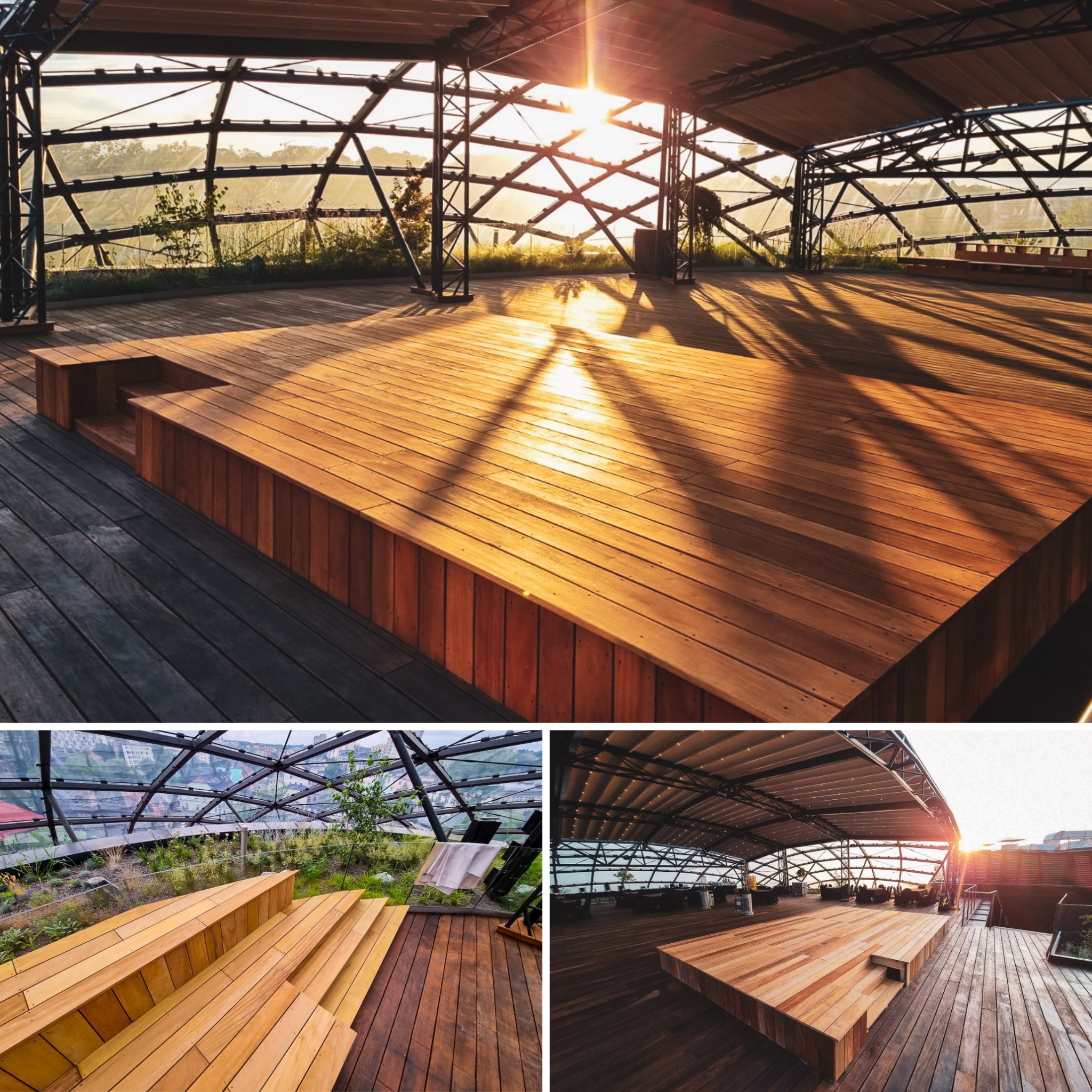 Przestronny taras z drewna egzotycznego pod ażurową konstrukcją, z widokiem na zieleń i miasto w oddali, oświetlony promieniami zachodzącego słońca.