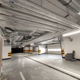 Wnętrze parkingu podziemnego z widocznymi licznymi, izolowanymi rurami wentylacyjnymi pod sufitem, oznaczonymi strzałkami w różnych kolorach, oraz maszyną czyszczącą podłogi w tle.