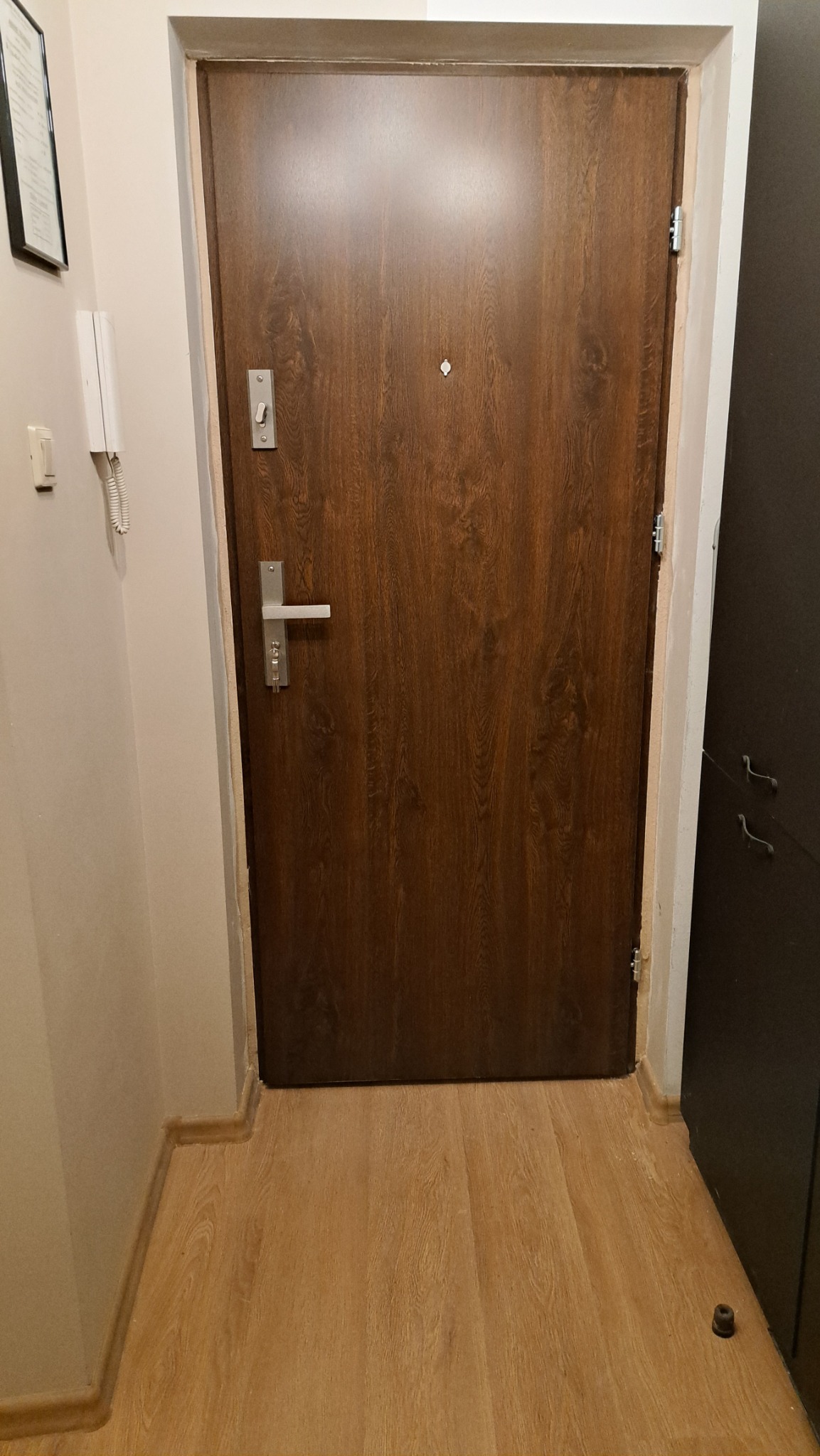 Ciemnobrązowe drzwi wejściowe z wizjerem i srebrną klamką, zamontowane w jasnym przedpokoju, widok z bliska na drewnianą podłogę.