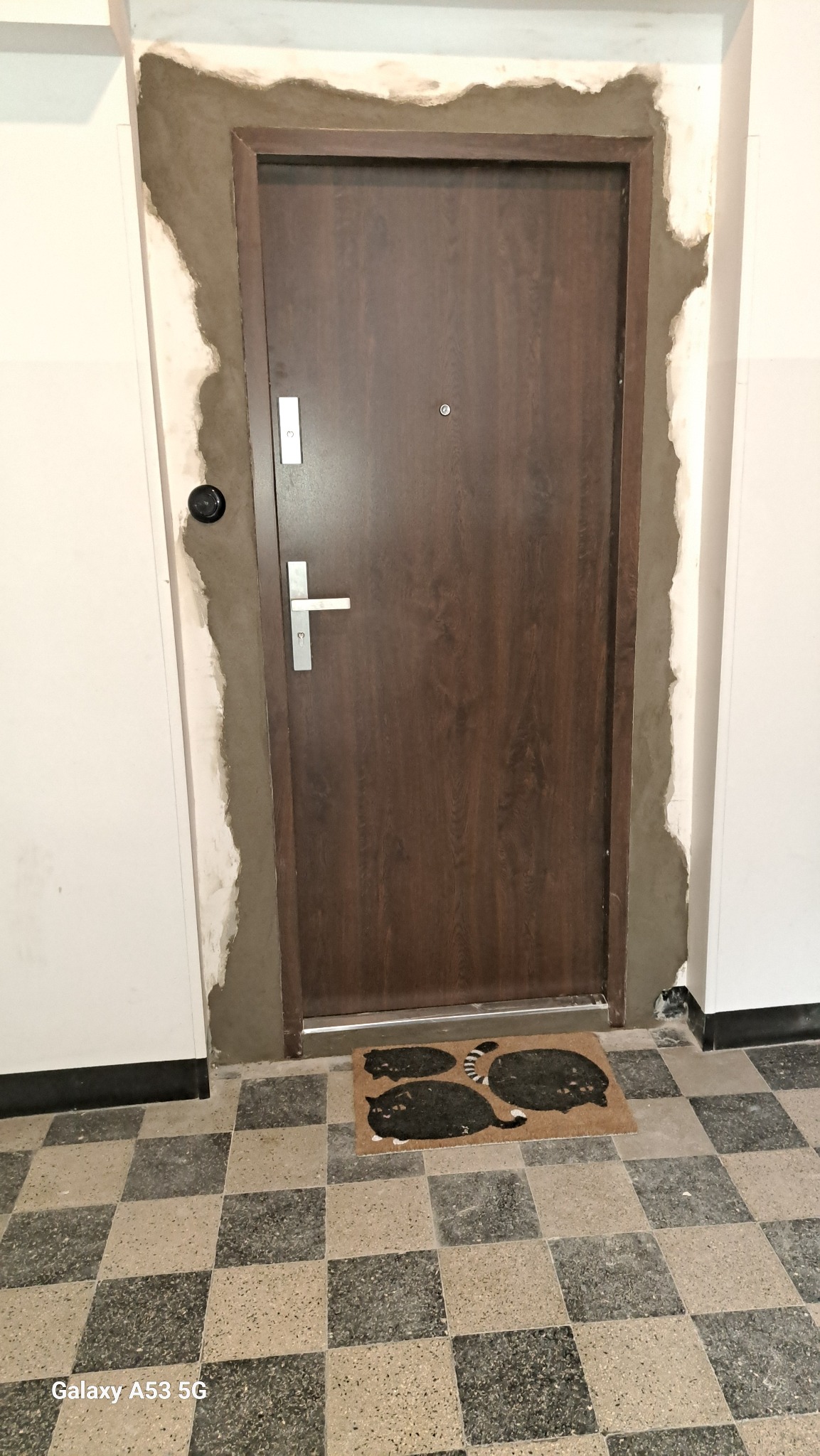 Brązowe drzwi z ościeżnicą w trakcie montażu, widoczne ślady zaprawy. Na podłodze wycieraczka z motywem kotów i wzorzysta posadzka.