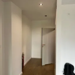 Wnętrze korytarza z drewnianą podłogą, świeżo pomalowanymi, białymi ścianami i drzwiami z złotymi akcentami. Widoczny plecak na wiadrze farby.