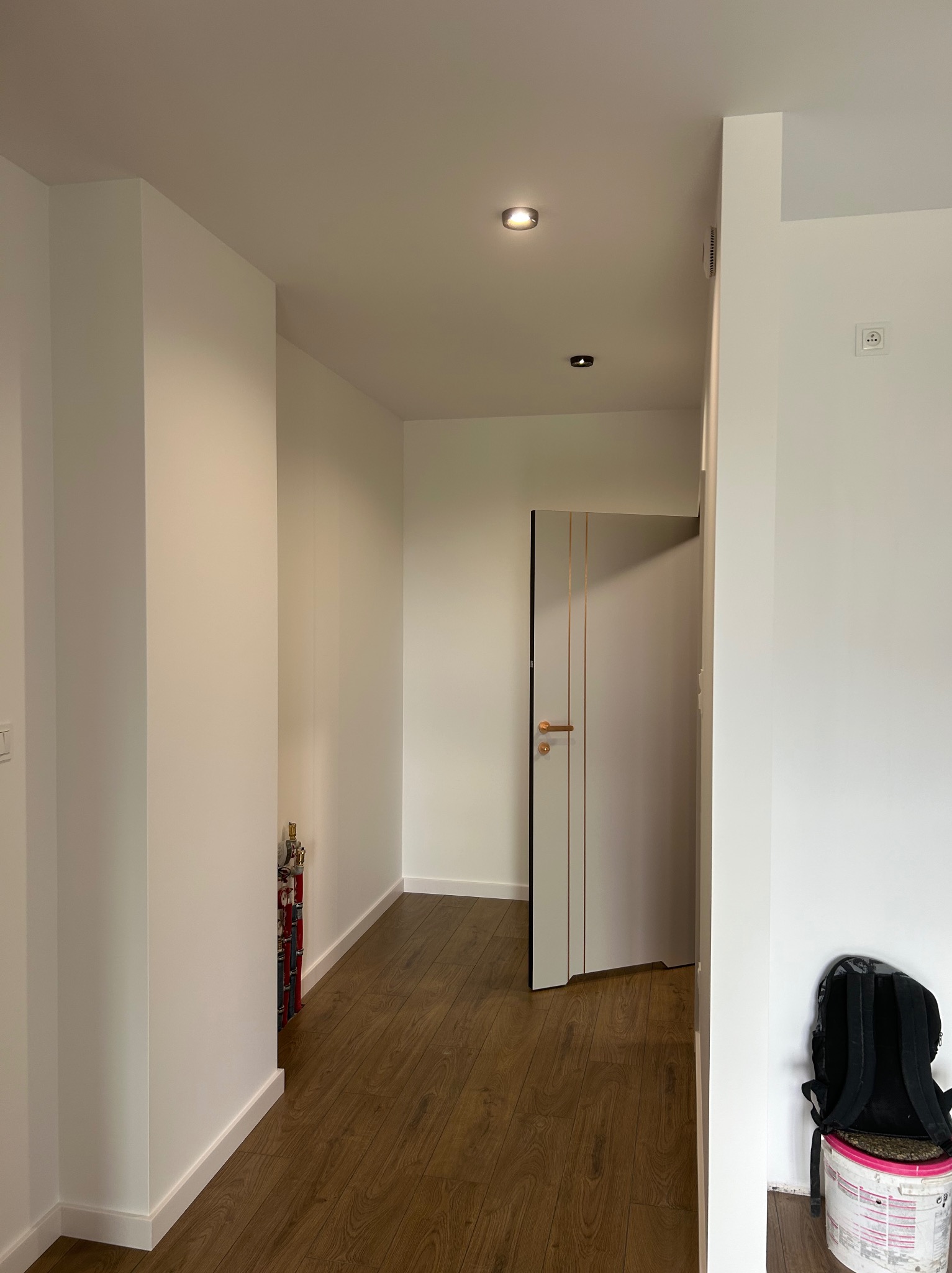 Wnętrze korytarza z drewnianą podłogą, świeżo pomalowanymi, białymi ścianami i drzwiami z złotymi akcentami. Widoczny plecak na wiadrze farby.