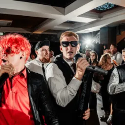 Zespół w trakcie występu na imprezie, wokalista w czerwonej peruce i skórzanej kurtce, drugi wokalista w pikselowych okularach trzyma mikrofon 'Super-Star', w tle bawiący się goście.