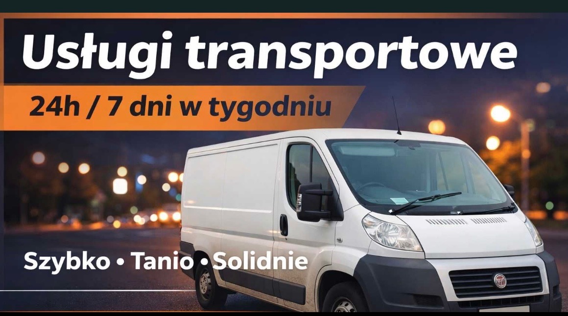 Biały bus transportowy na tle nocnego miasta z napisem 'Usługi transportowe 24h/7 dni w tygodniu. Szybko, tanio, solidnie'.