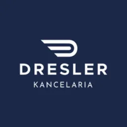 Logo firmy Dresler Kancelaria na granatowym tle, z symbolem stylizowanego skrzydła nad nazwą.