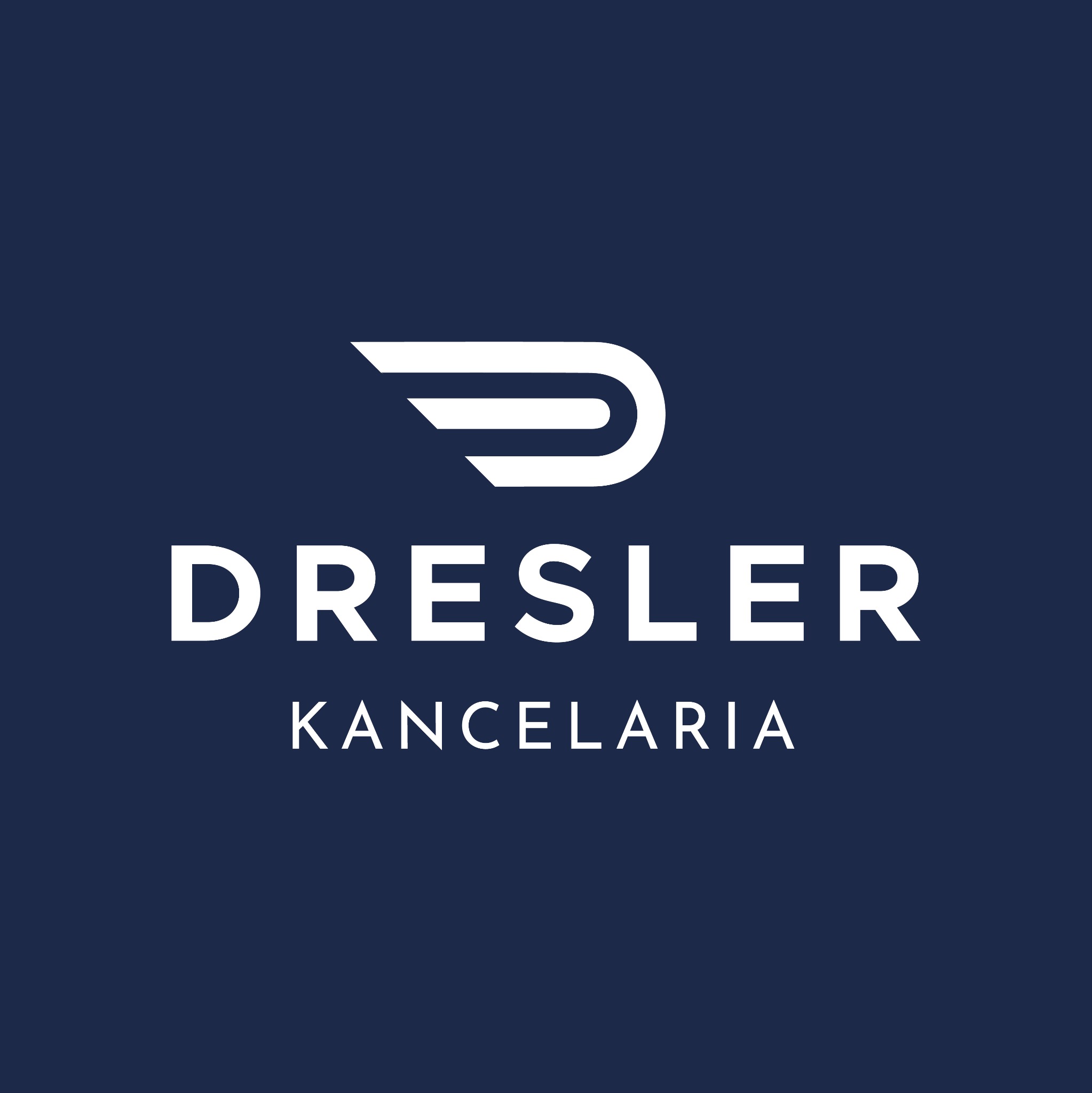 Logo firmy Dresler Kancelaria na granatowym tle, z symbolem stylizowanego skrzydła nad nazwą.