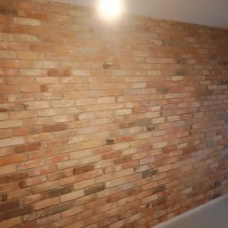 Jarosław Mikołajczyk - Ściana wyłożona cegłą dekoracyjną w odcieniach czerwieni i brązu, widoczna puszka elektryczna z przewodami, oświetlona punktowym światłem sufitowym.