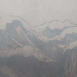 Jarosław Mikołajczyk - Szklana tafla z piaskowanym motywem fal morskich, widoczne delikatne cieniowanie i faktura.