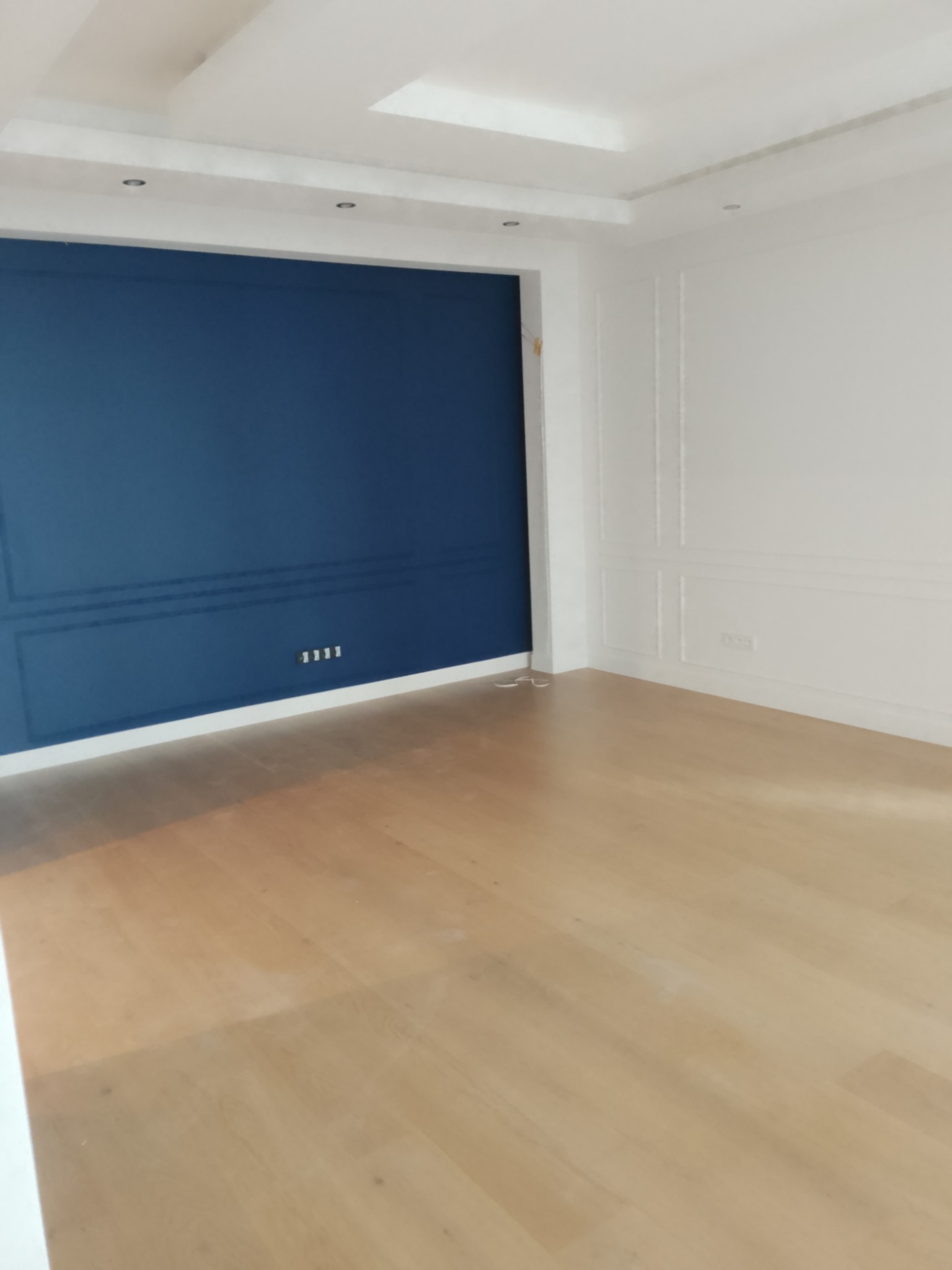 Wykończone wnętrze: parkiet, ściana w kolorze granatowym z listwami dekoracyjnymi, biała ściana z panelami. Nowoczesny design, minimalistyczny styl.