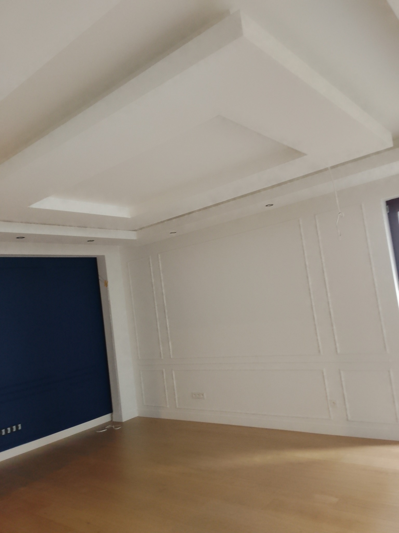 Eleganckie wykończenie wnętrza: białe ściany z dekoracyjnymi panelami, drewniana podłoga i sufit z kasetonami. Jedna ściana pomalowana na granatowo.