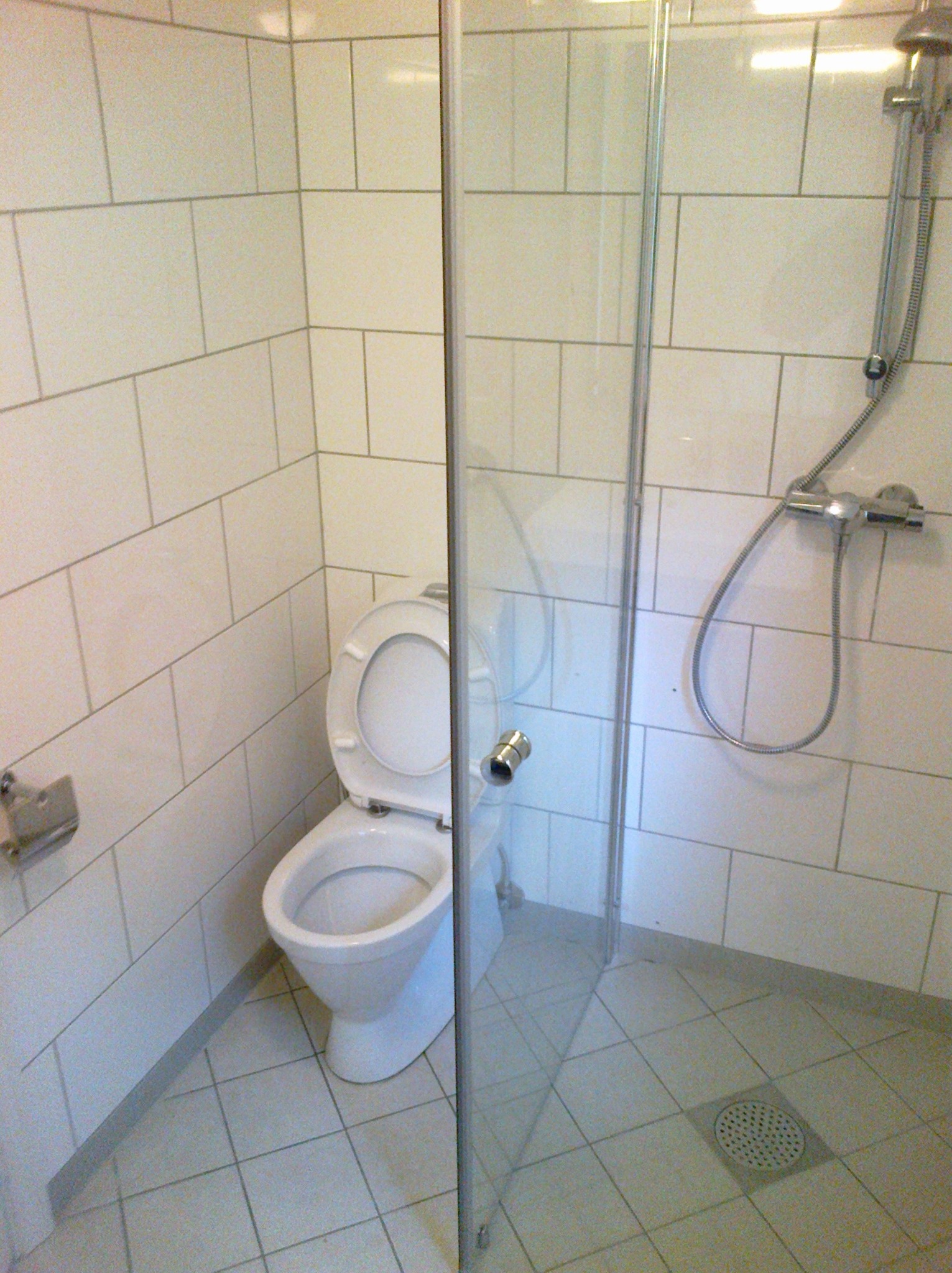 Biała toaleta z otwartą klapą, częściowo widoczna kabina prysznicowa z chromowaną baterią i słuchawką, białe płytki na ścianach i podłodze z odpływem liniowym.