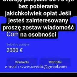 Niebieskie ogłoszenie: Oferuję pożyczki do 70 tys. bez opłat. Saldo konta: 2000 euro. Kontakt: www.icredit@gmail.com.