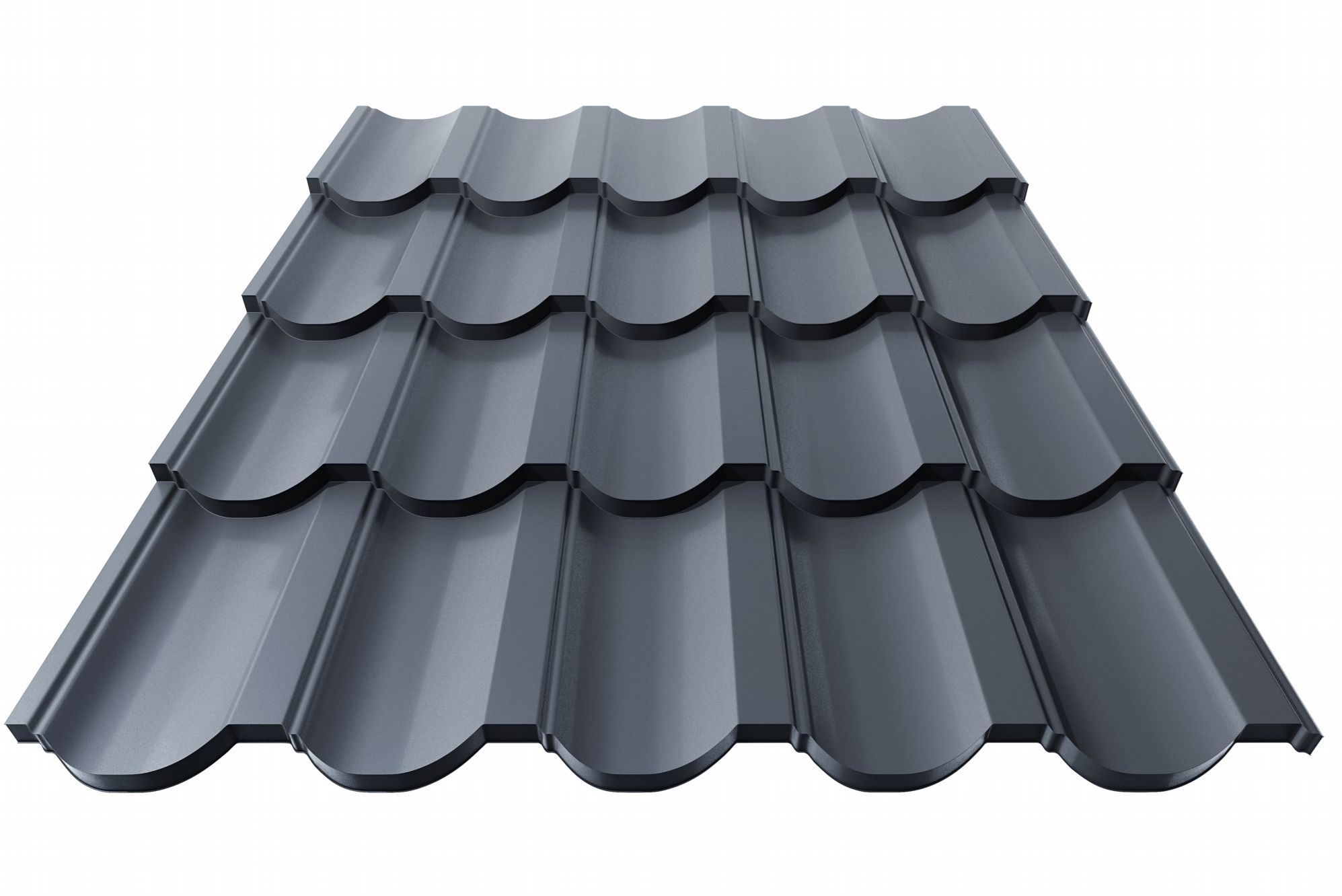 Panel dachowy z blachy trapezowej w kolorze grafitowym, z charakterystycznym zaokrąglonym wzorem przypominającym dachówkę, ułożony na białym tle.