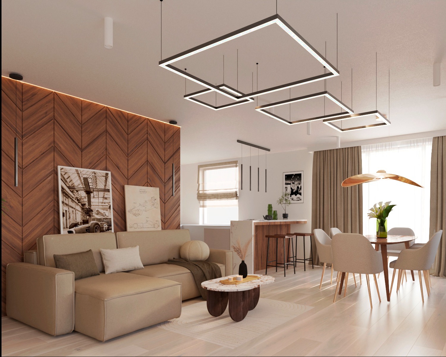 Wnętrze otwartego salonu z drewnianą ścianą w jodełkę, beżową sofą narożną, marmurowym stolikiem kawowym, stołem jadalnym z jasnymi krzesłami i geometrycznymi lampami sufitowymi.