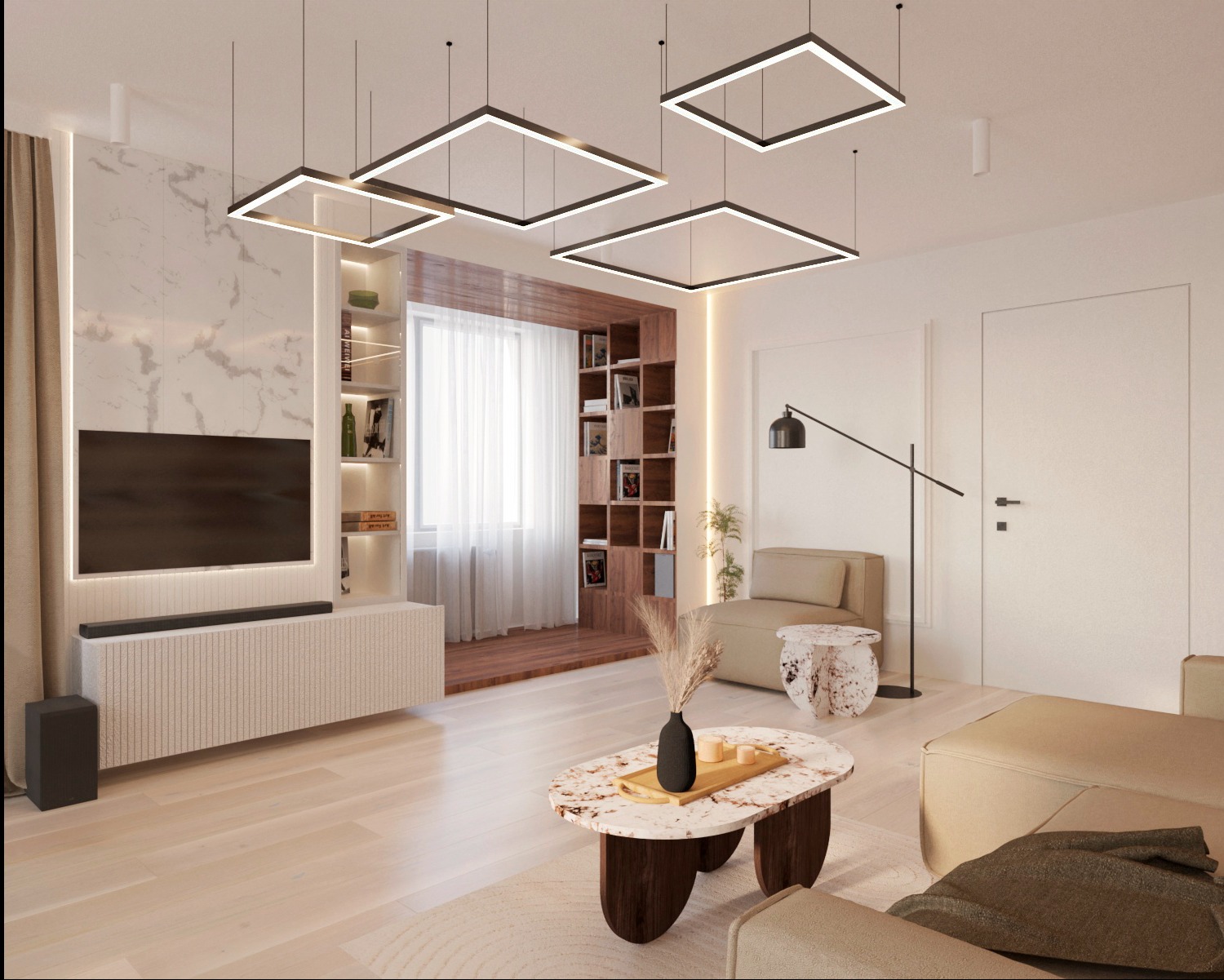 Nowoczesny salon z marmurową ścianą, geometrycznymi lampami sufitowymi i drewnianym regałem z książkami, beżowa kolorystyka, marmurowy stolik kawowy z dekoracyjnym wazonem.