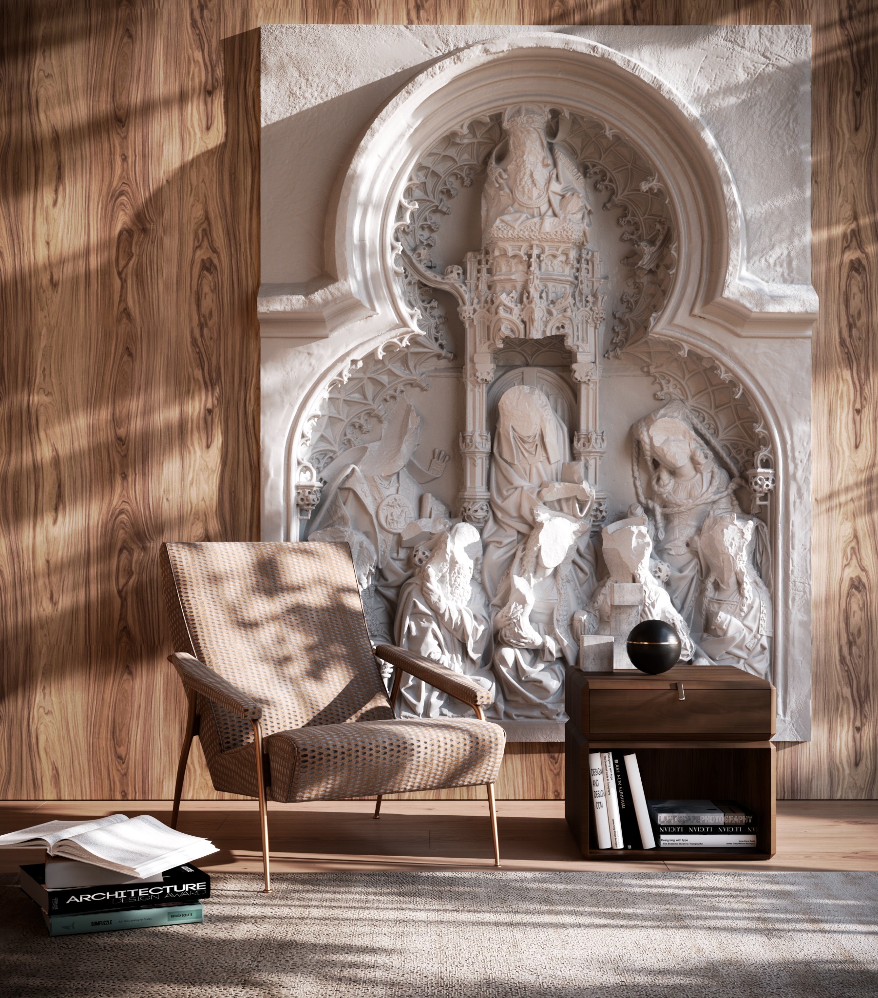 Wnętrze z dekoracyjnym panelem ściennym z rzeźbioną sceną religijną, fotel w stylu retro, drewniana szafka nocna z książkami, drewniana ściana w tle, oświetlona promieniami słońca.