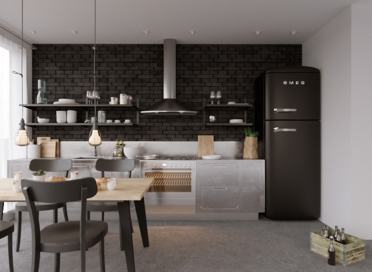 Nowoczesna kuchnia z czarną ceglaną ścianą, srebrnymi szafkami i czarną lodówką SMEG, oświetlona wiszącymi lampami nad drewnianym stołem z szarymi krzesłami.