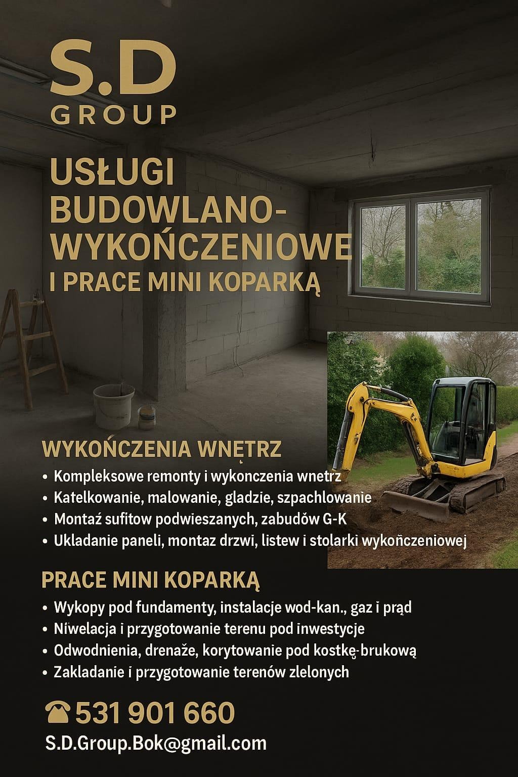 Usługi budowlano-wykończeniowe i prace mini koparką. Wykończenia wnętrz, prace mini koparką, wykopy pod fundamenty, niwelacja terenu, odwodnienia, drenaże.