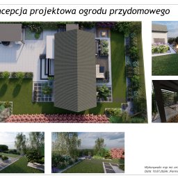 GreenARt Agnieszka Rydz - Wizualizacja 3D koncepcji zagospodarowania ogrodu przydomowego z widokiem z góry, prezentująca strefę wypoczynkową z paleniskiem, taras z grillem oraz zróżnicowaną roślinność ozdobną.