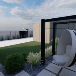 Nowoczesny ogród z wiszącym fotelem typu kokon, ozdobnymi trawami i betonowym ogrodzeniem.