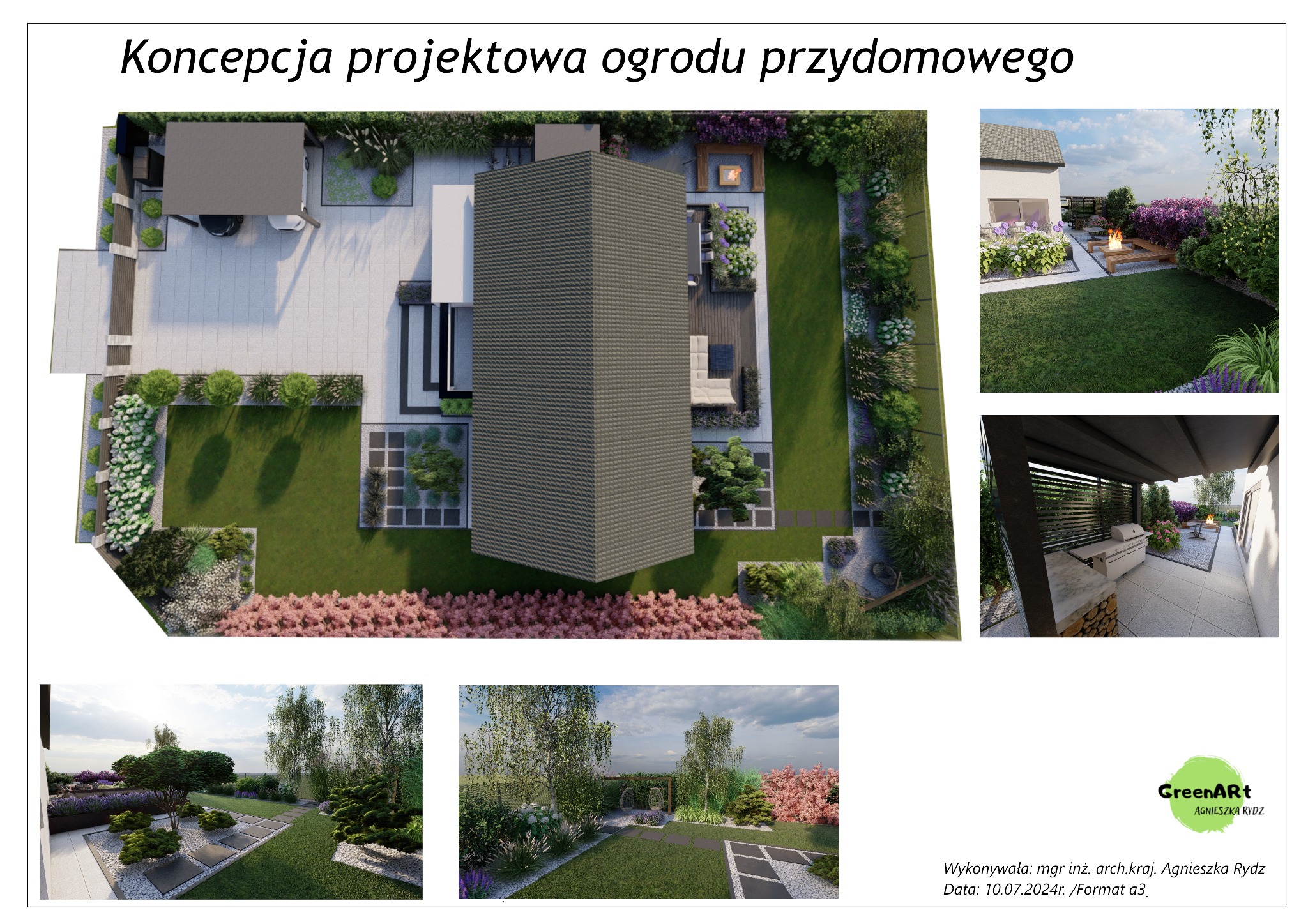 Wizualizacja 3D koncepcji zagospodarowania ogrodu przydomowego z widokiem z góry, prezentująca strefę wypoczynkową z paleniskiem, taras z grillem oraz zróżnicowaną roślinność ozdobną.