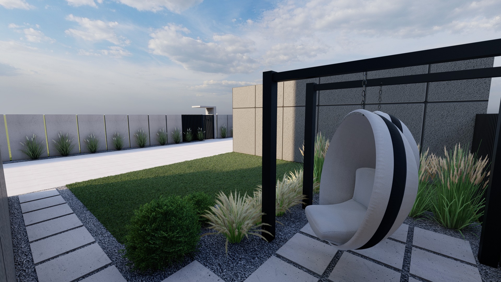 Nowoczesny ogród z wiszącym fotelem typu kokon, ozdobnymi trawami i betonowym ogrodzeniem.