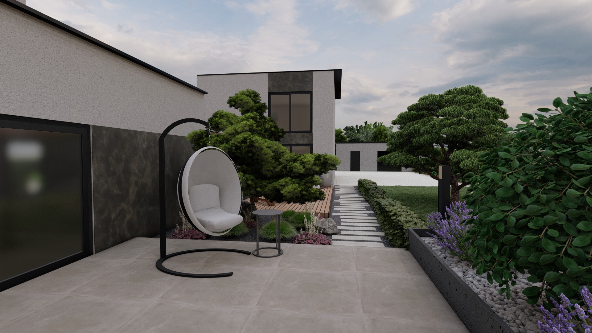 Nowoczesny ogród z minimalistycznym domem w tle, wiszące krzesło kokon, ścieżka z płyt betonowych i nasadzenia z lawendy.