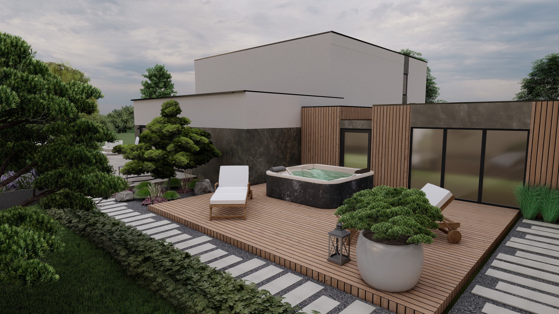 Wizualizacja ogrodu z drewnianym tarasem, jacuzzi, leżakami i ścieżką z płyt.