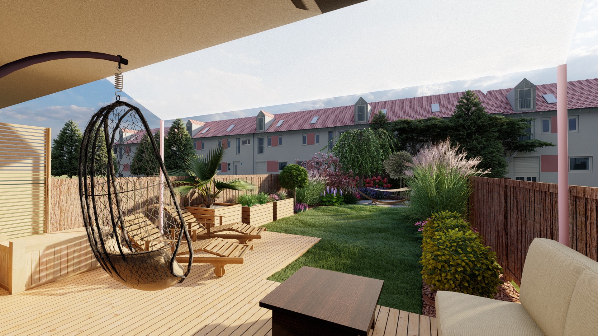 Wizualizacja ogrodu z drewnianym tarasem, wiszącym fotelem, leżakami i bujną roślinnością na tle zabudowy miejskiej.