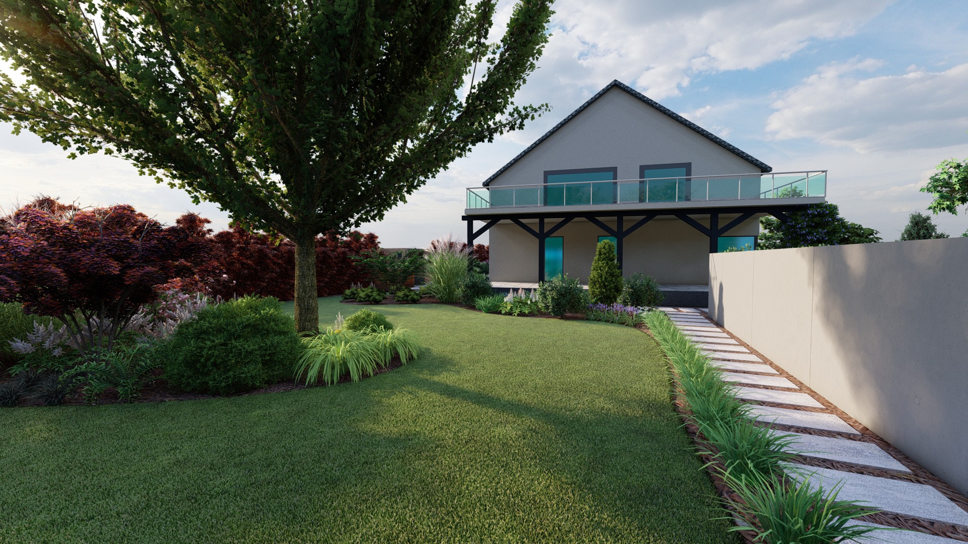 Wizualizacja ogrodu z nowoczesnym domem, trawnikiem, ścieżką z płyt i różnorodną roślinnością ozdobną, w tym drzewami o purpurowych liściach.