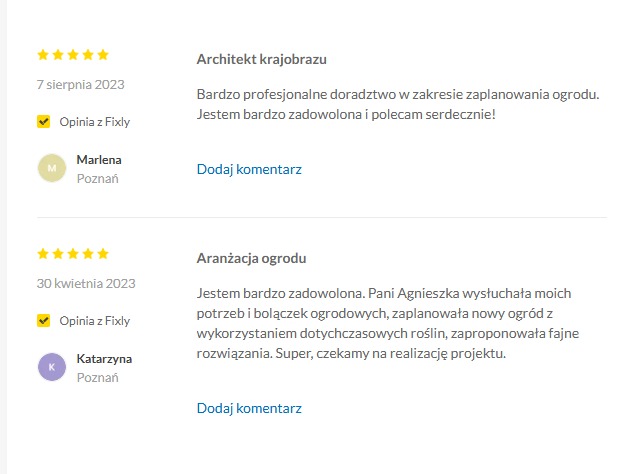 Zrzut ekranu z pozytywnymi opiniami klientów na temat usług architekta krajobrazu i aranżacji ogrodu, z ocenami w postaci gwiazdek i datami publikacji.