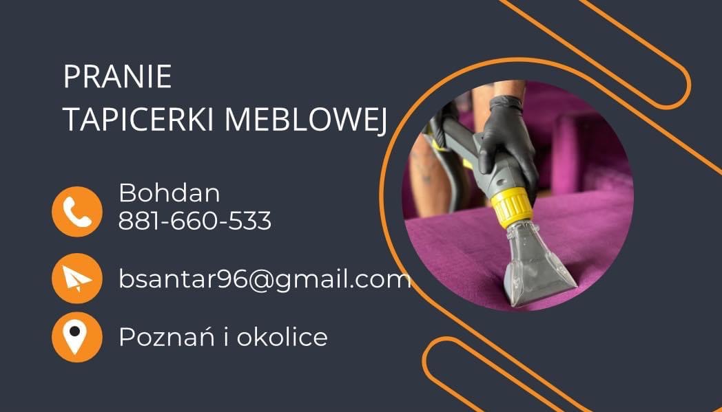 Grafika reklamowa: Pranie tapicerki meblowej. Kontakt: telefon, email, Poznań i okolice. Na zdjęciu fragment prania fioletowej kanapy za pomocą profesjonalnego odkurzacza piorącego, obsługiwanego...
