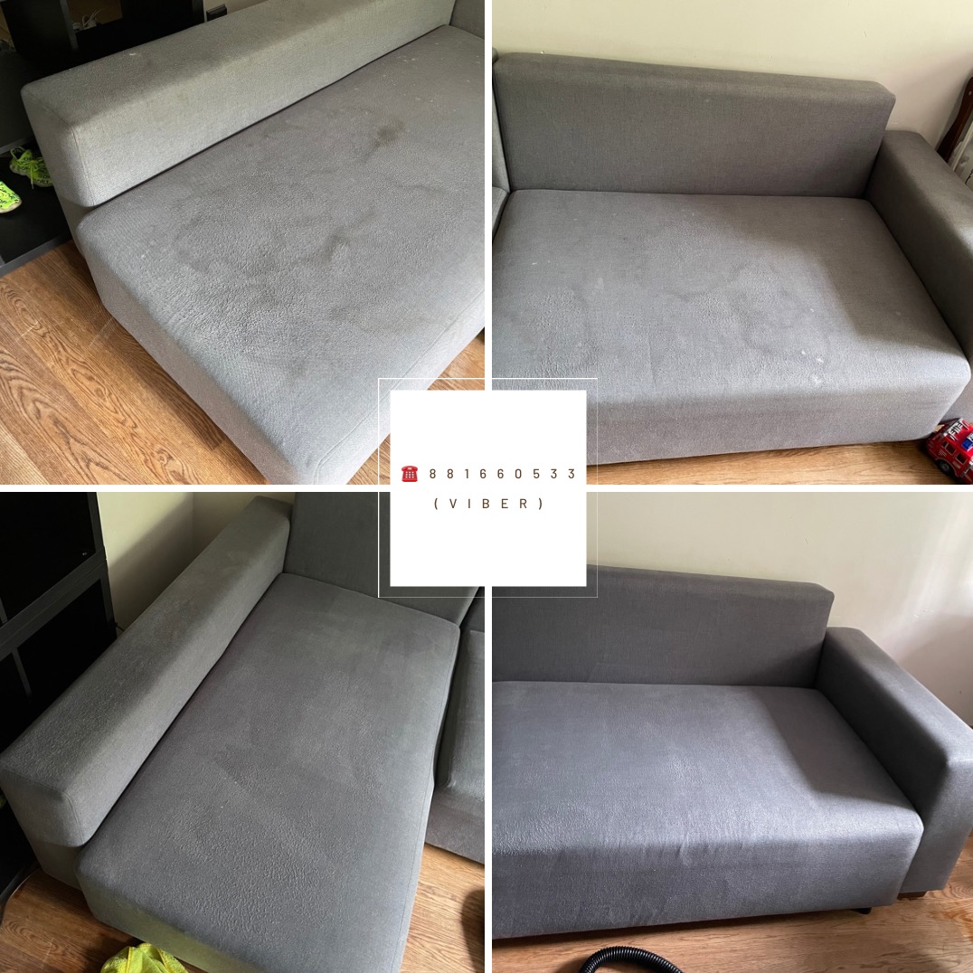 Czteropanelowe ujęcie narożnika przed i po czyszczeniu, widoczne plamy na tapicerce przed zabiegiem, z numerem telefonu kontaktowego w centralnej części zdjęcia.