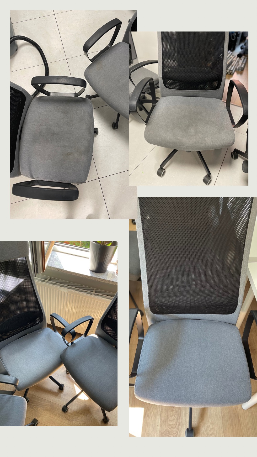 Kolaż czterech ujęć szarych krzeseł biurowych z czarnymi podłokietnikami i siatkowym oparciem, widoczne plamy na siedziskach przed praniem.
