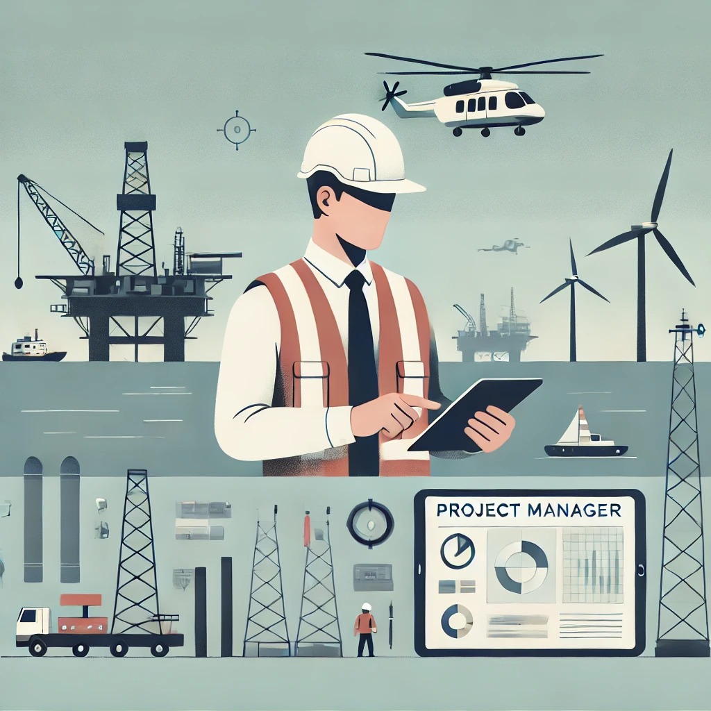 Ilustracja przedstawia osobę w kasku i kamizelce odblaskowej, korzystającą z tabletu z napisem 'Project Manager', na tle platform wiertniczych, elektrowni wiatrowych i helikoptera.