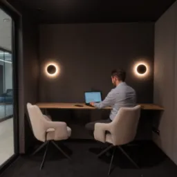 Mężczyzna w okularach pracuje na laptopie w zacisznym, minimalistycznym biurze z dwoma krzesłami, oświetlonym okrągłymi lampami ściennymi, widok z zewnątrz przez szklane drzwi.