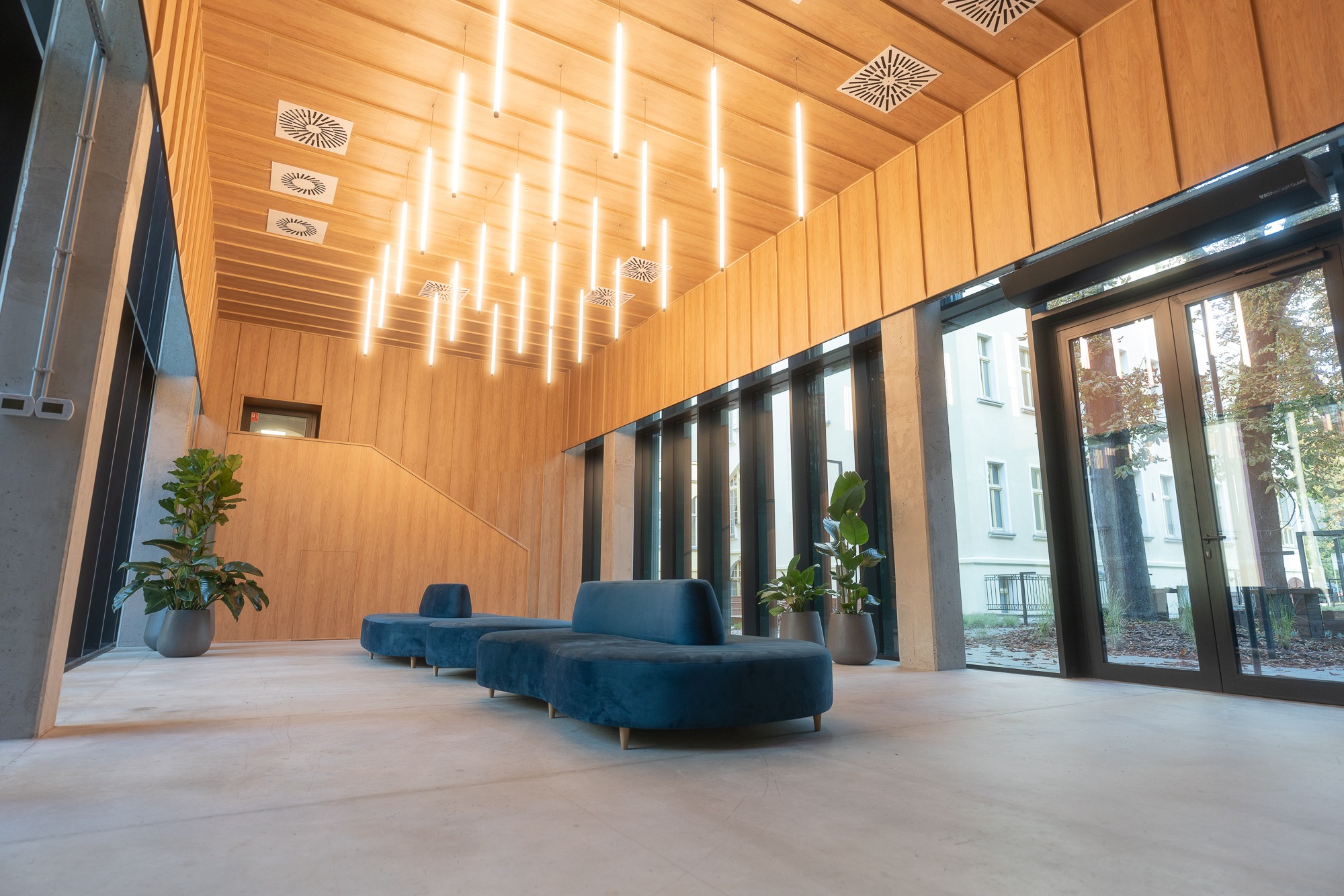 Nowoczesne wnętrze biurowe z drewnianą boazerią, oświetleniem liniowym LED, betonową podłogą i niebieskimi sofami, widok przez okno na budynek na zewnątrz.