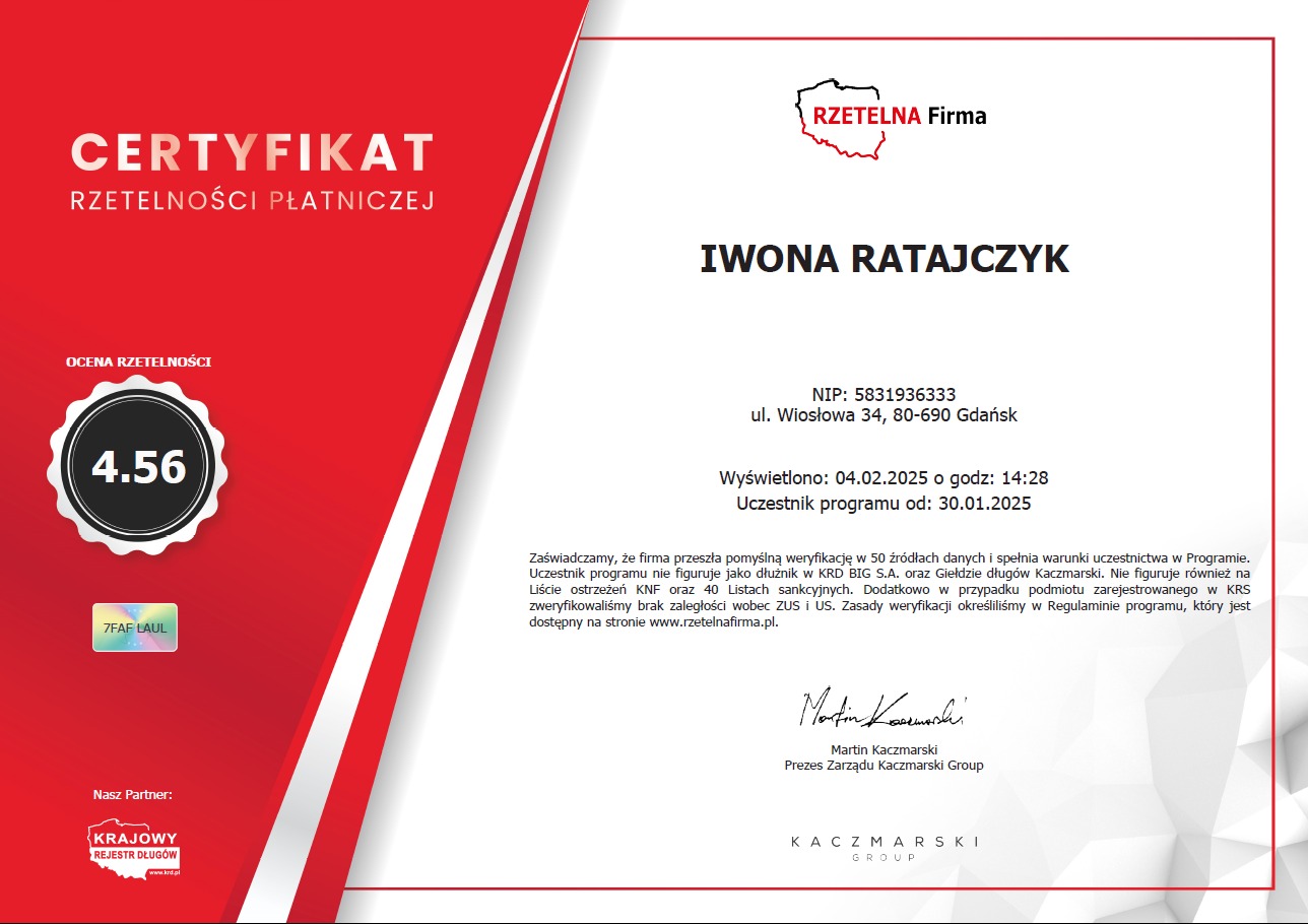 Certyfikat Rzetelności Płatniczej dla Iwony Ratajczyk z oceną 4.56, wydany przez Krajowy Rejestr Długów i Kaczmarski Group, potwierdzający brak zaległości wobec ZUS i US.