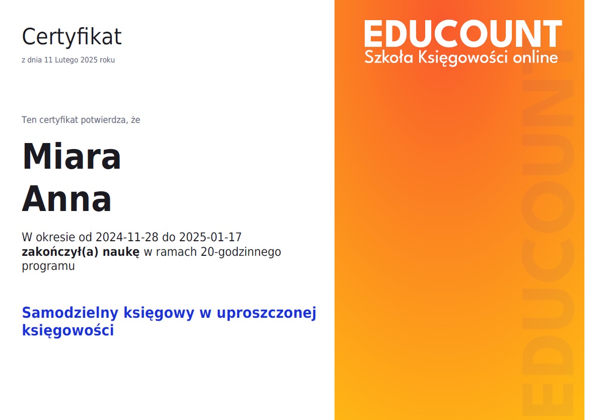 Certyfikat ukończenia kursu księgowości online przez Miara Anna, wydany przez EDUCOUNT z datą 11 lutego 2025.